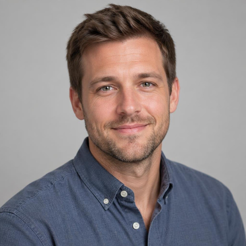 Studio portrait of a bearded man in a casual shirt