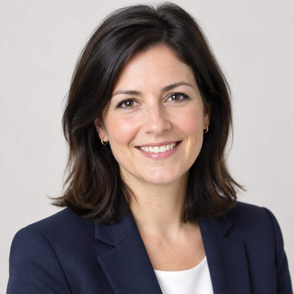 Studio portrait of a smiling businesswoman with dark hair