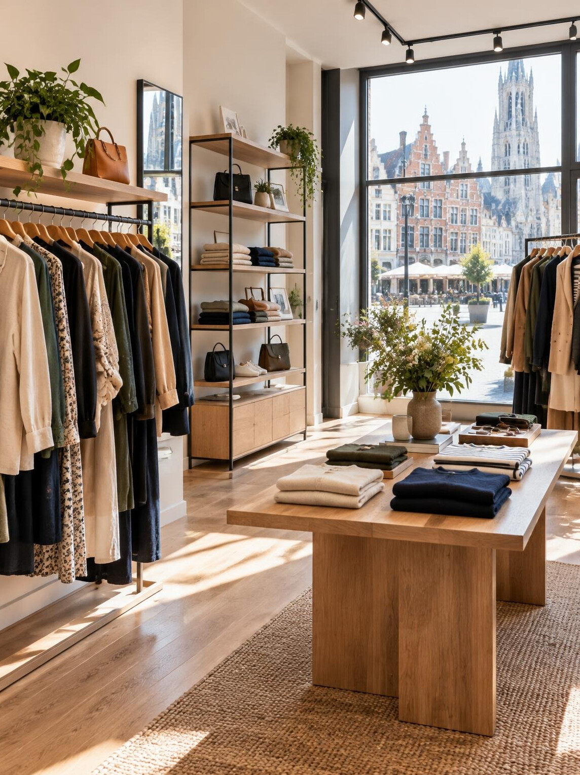 Bright modern retail store interior with clothing racks and display shelves
