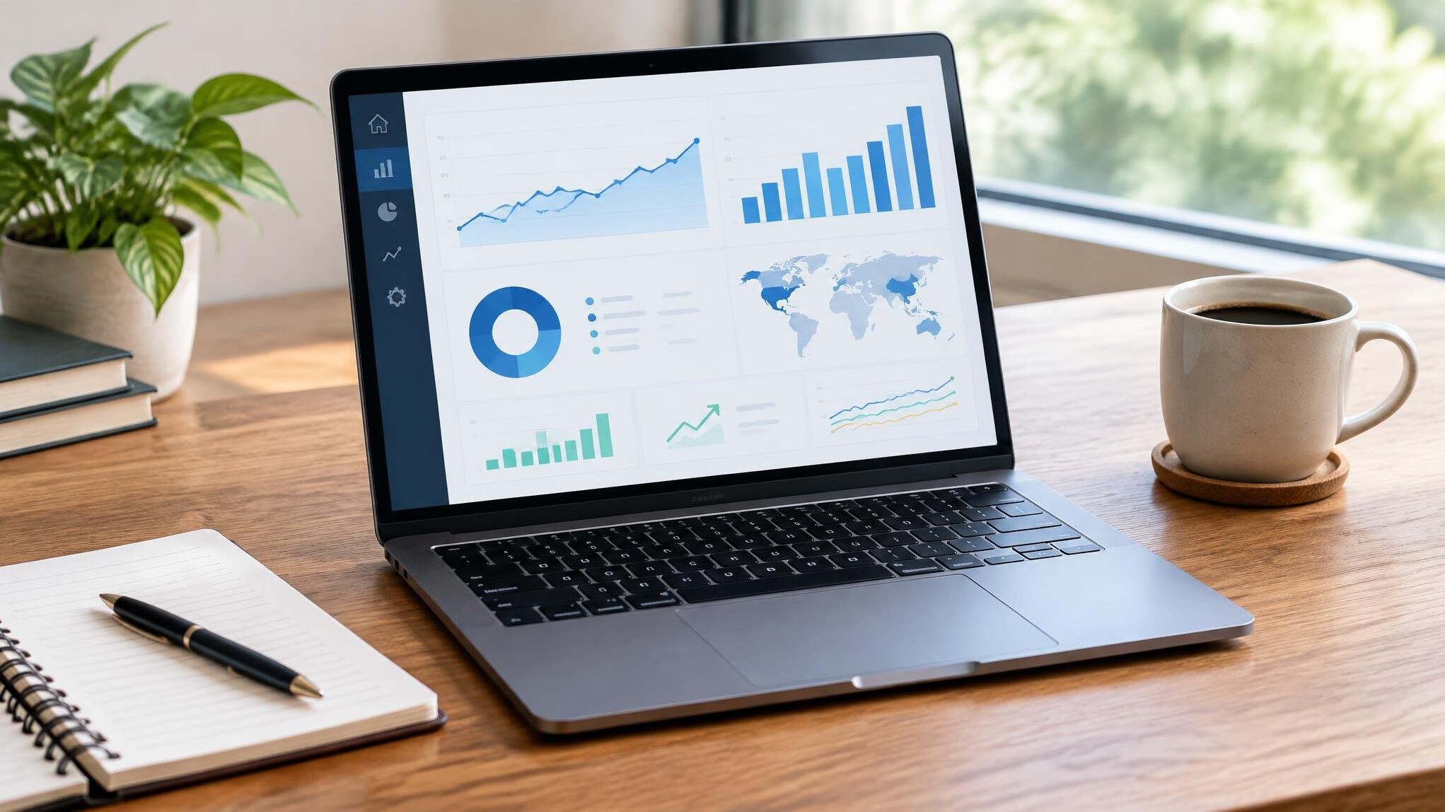 Laptop on a desk showing sales analytics charts